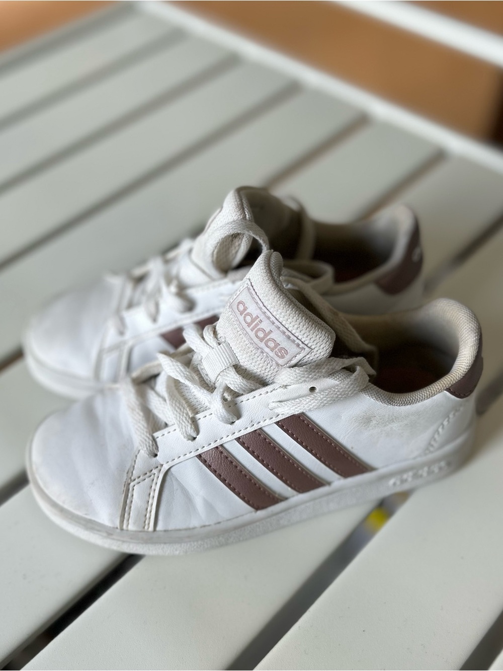 adidas Kids White Sneakers with Mauve Stripes